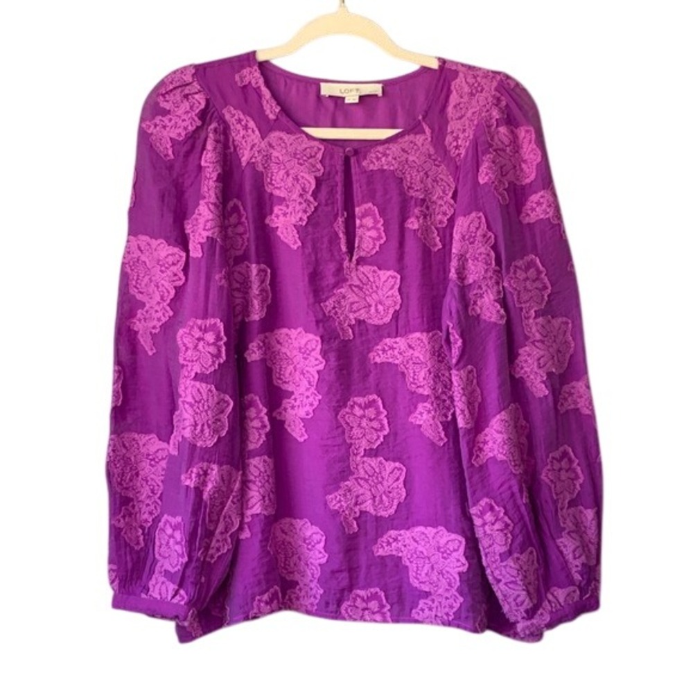 LOFT Petite Floral Purple Embroidered‎ Sheer Peasant Long Sleeve Blouse Top Mp